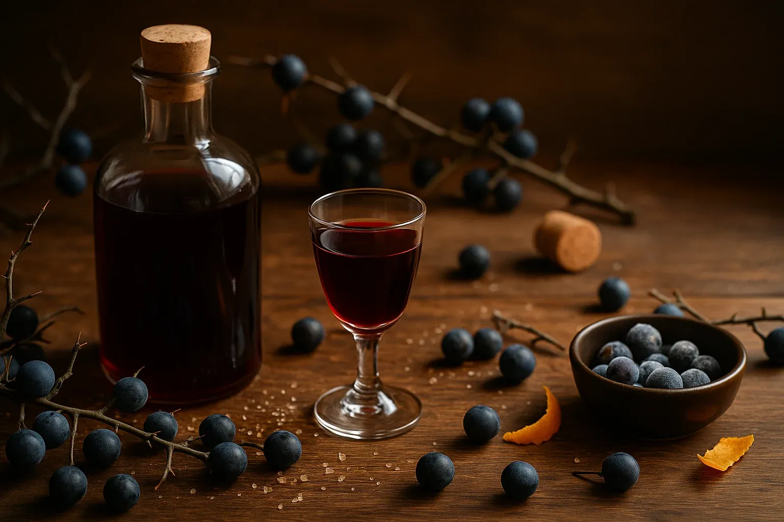 Fles en glas donkerrode sleedoornlikeur tussen sleedoornbessen op een houten tafel