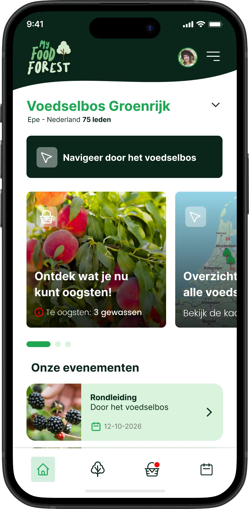 Het startscherm van de My Food Forest app